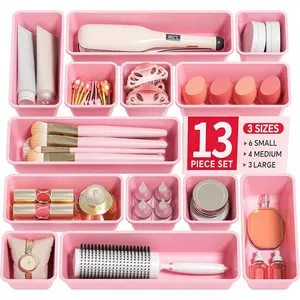 13 Pack Plastic Drawer Organizers Set, 3 Sizes Desk Drawer Organizer Trays for Vanity and Makeup Organizer, Organization and Storage for Makeup, Kitchen Utensils, Bathroom and Office(Pink)