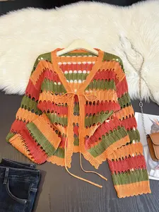 Elegant Striped Knit Cardigan for Women, Loose Fit Long Sleeve Sweater, Summer Hollow Out Design, Casual Fashion Top Knitwear, Knitted Womenswear