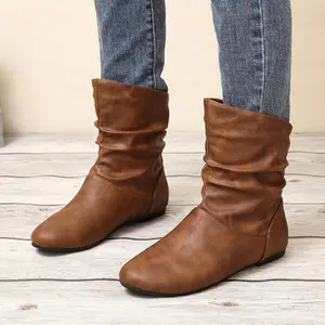 [Unique Ankle Boots] Comfortable and chic brown synthetic cover women's slip on ankle boots - flat heel, round toe, pleated design, suitable for all seasons, perfect for casual girls' walking shoes