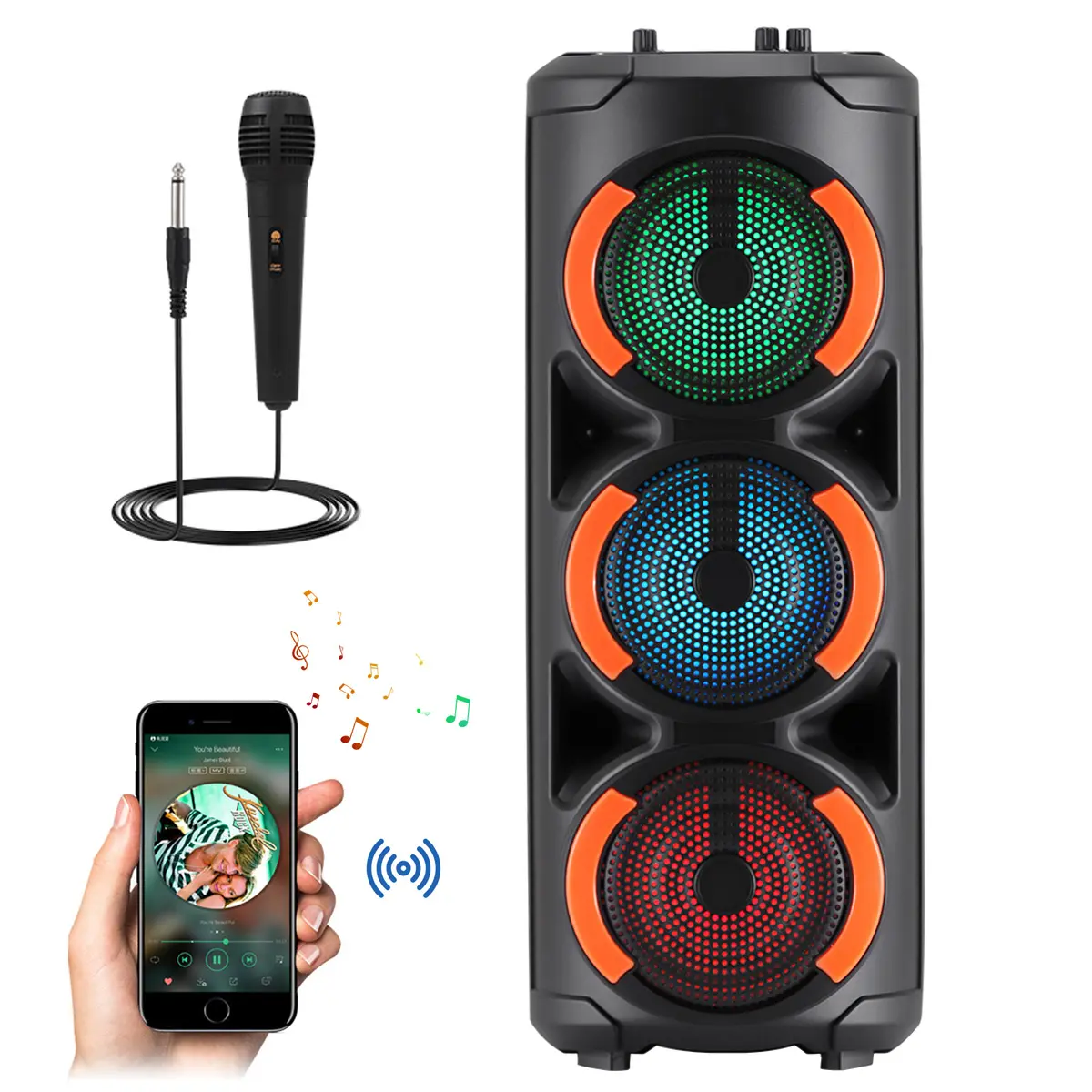 Triple 6.5" Portable Bluetooth PA Speaker System With Microphone Remote contorl LED Party Light FM Radio Best Gift Rechargeable Wireless Stereo Video