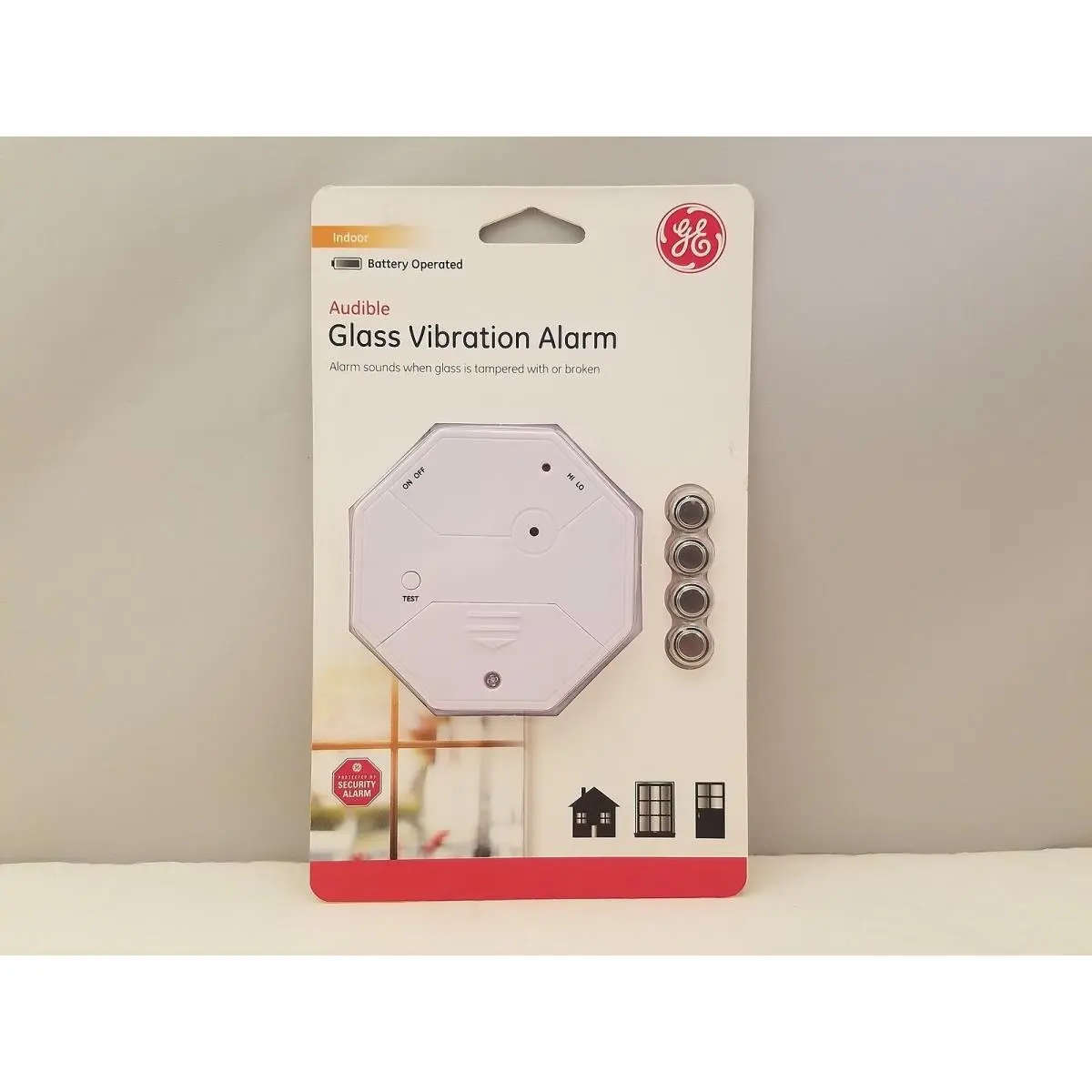 212 MAIN Glass Vibration Alarm (Pack of 2) - Indoor Use, Peel & Stick Installation, Instant Alert, Hi/Lo Settings, Vulnerable Areas Protection, Externally Visible Warning Sticker, Included Batteries, 0.2 lbs Weight