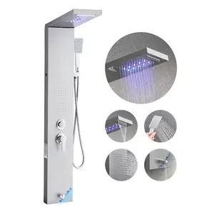 53-in Brushed Stainless Steel Wall-Mount Adjustable Shower Tower with 5-Function Faucet, Rain Showerhead, Rainfall Waterfall, LED, Handheld Shower, Tub Spout, Rain Massage System