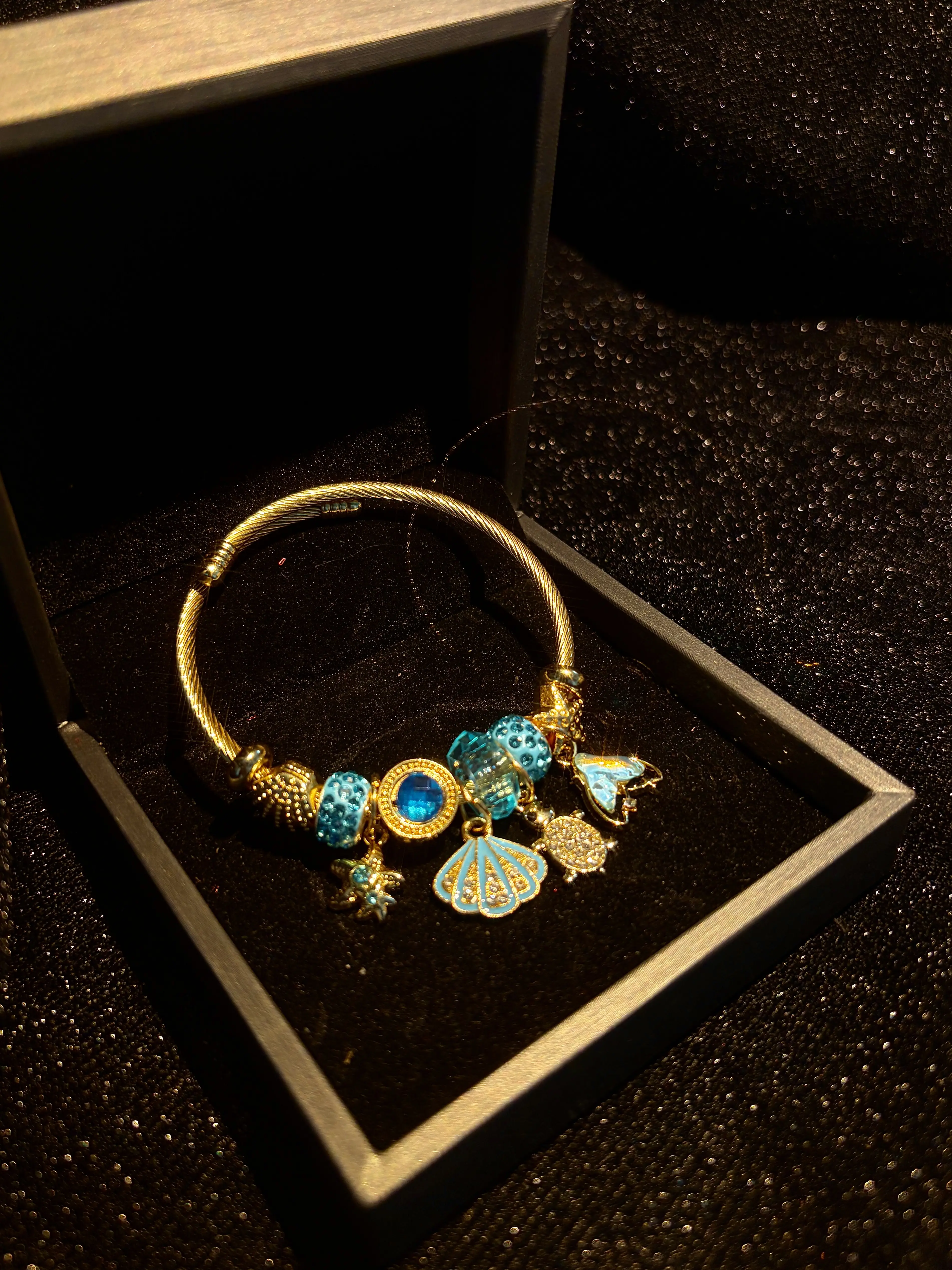 Ocean Theme Open Cuff Bangle, Shiny Golden Bracelet With Blue Crystal Beads, Shell, Turtle & Mermaid Tail Charms, Summer Beach Jewelry Gift For Women