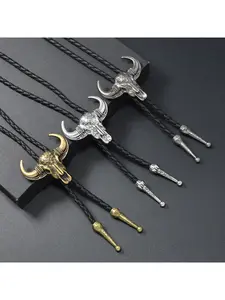 Gold & Silver Bull Skull Bolo Tie Necklace Set, Vintage Western Cowboy Style Jewelry with Engraved Bull Skull & Decorative Cord Tips Detail, for Men, Western-themed Events, Cosplay & Daily Occasions