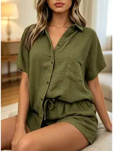 Two piece set of women's fashionable Casual short sleeved shirt+drawstring shorts, with a pleated texture design, suitable for summer, commuting to work, shopping and outdoor wear