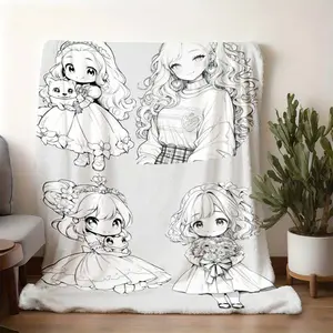 2026 new model printed with patterns Cute Q Version Girl Line Art Flannel Blanket, Cartoon Princess Style Sketch Throw Blanket, Warm Blanket For Living Room Sofa And Bedroom, Soft Skin-friendly Ai