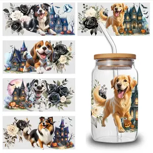 5 Sheets Dog Castle UV DTF Stickers Cartoon UV DTF Transfer Sticker for Water Cup Glass Bottle Glass Jar, Cup Wrap Sticker, Cartoon Decal, Waterproof Decorative
