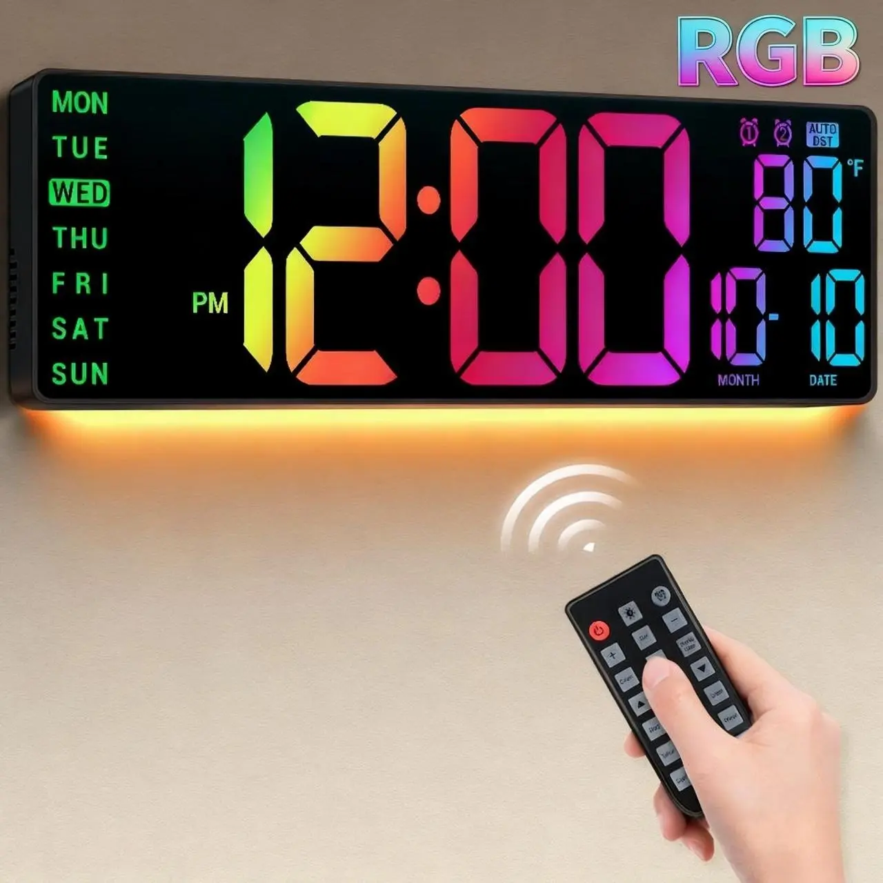 16.5" Large LED Wall Clock with RGB Lights - Remote Control, 11 Color Modes, Big Display for Easy Reading, Dual Alarms, Temperature, Auto DST, Gaming Room & Living Room Decor