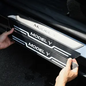 4PCS For Tesla Model 3/Y Juniper 2025-2018 Carbon Fiber Car Door Sill Panel Trim Protector Sticker Tuning Interior Decor Accessories Decal For Cars