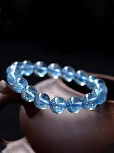 12mm Natural Aquamarine Crystal Beaded Bracelet, 7a Grade Ice Blue Topaz, Yoga Meditation Gift, Christmas, Valentine's Day Perfect Present