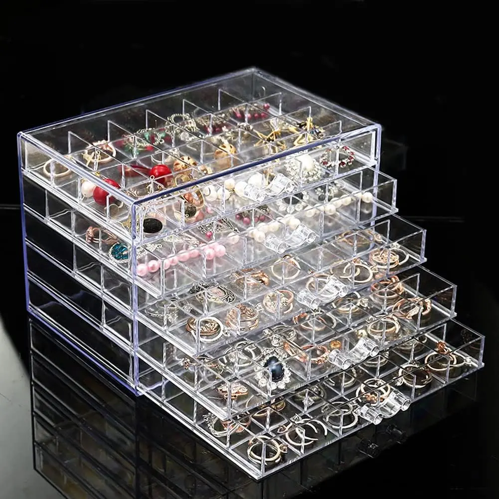 Earring Storage Box Organizer,   Storage Box Holder 5 Drawers Transparent  Display Stand with 120 Small Compartments  Boxes for Women Girls (Clear)