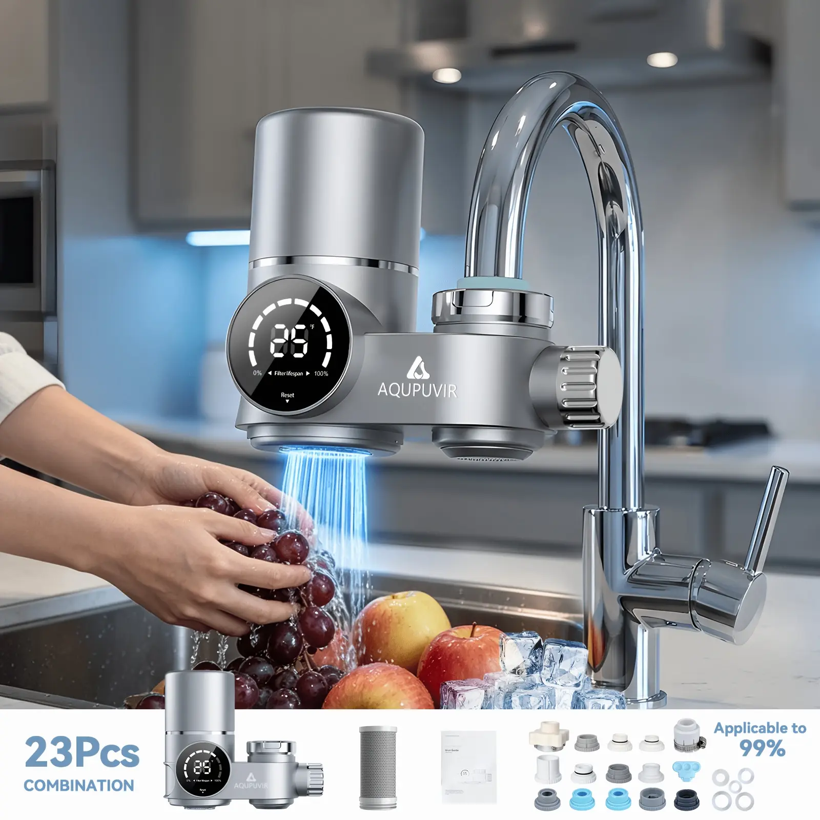 Faucet Mount Water Filtration, 264 Gallons Water Faucet Mount Filtration System, Dual Head Switching with Water Temperature And Life Dual Display for Tap Water Reduces Lead Chlorine, Heavy Metals (23psc Combination)
