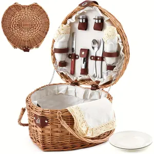 Heart Picnic Basket with 2 Person Tableware Set Wicker Picnic Basket Couple Gift for Camping Beach Wedding Party Birthday Outdoor Antique White