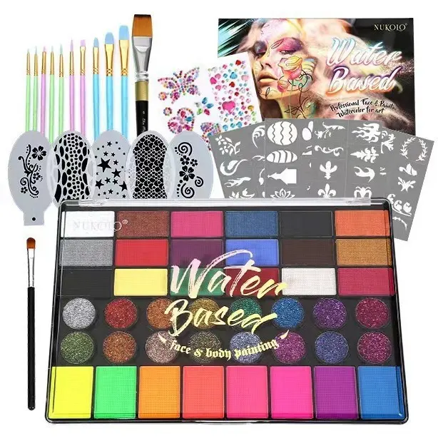 Professional Face & Body Paint Palette Kit, 42-Color Painting Makeup Set with Brushes, Reusable Stencils & Face Gems, Non-Toxic Water-Activated Festival DIY Makeup for Kids Adults, Halloween Party Carnival Christmas Supplies