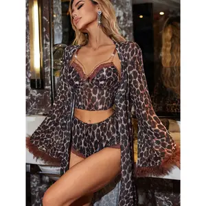 3pcs Women's Sleepwear Set: Leopard Print Camisole With Chain Decor, Shorts, And Long Sleeve Robe