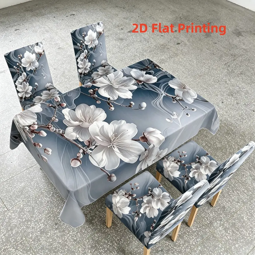 5pcs/7pcs Tablecloth and Chair Cover Set, Chair Tablecloth Covers, Gray Tone White Floral Printed Tablecloth Chair Cover Combo, Stretch Chair Slipcover for Dining Table Decoration, Suitable for Dining Room / Kitchen / Banquet, 2D Flat Printing