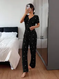 Spring Summer New Heart Print Women's Pajama Set, Loungewear, Nightwear, Pjs, V Neck Front Button Design, Elastic Fabric, Comfortable Breathable Soft Skin-Friendly