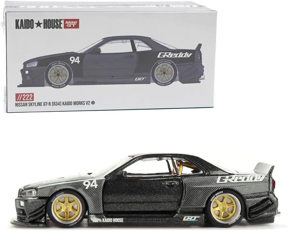 Kaido House x Mini GT 1:64 Nissan Skyline GT-R (R34) Kaido Works GReddy V2 – Black w/ Carbon