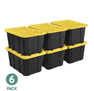 Large Storage Bin, 27 Gallon Durable Plastic Storage Tote with Snap-On Lid, Black and Yellow, 6 Pack