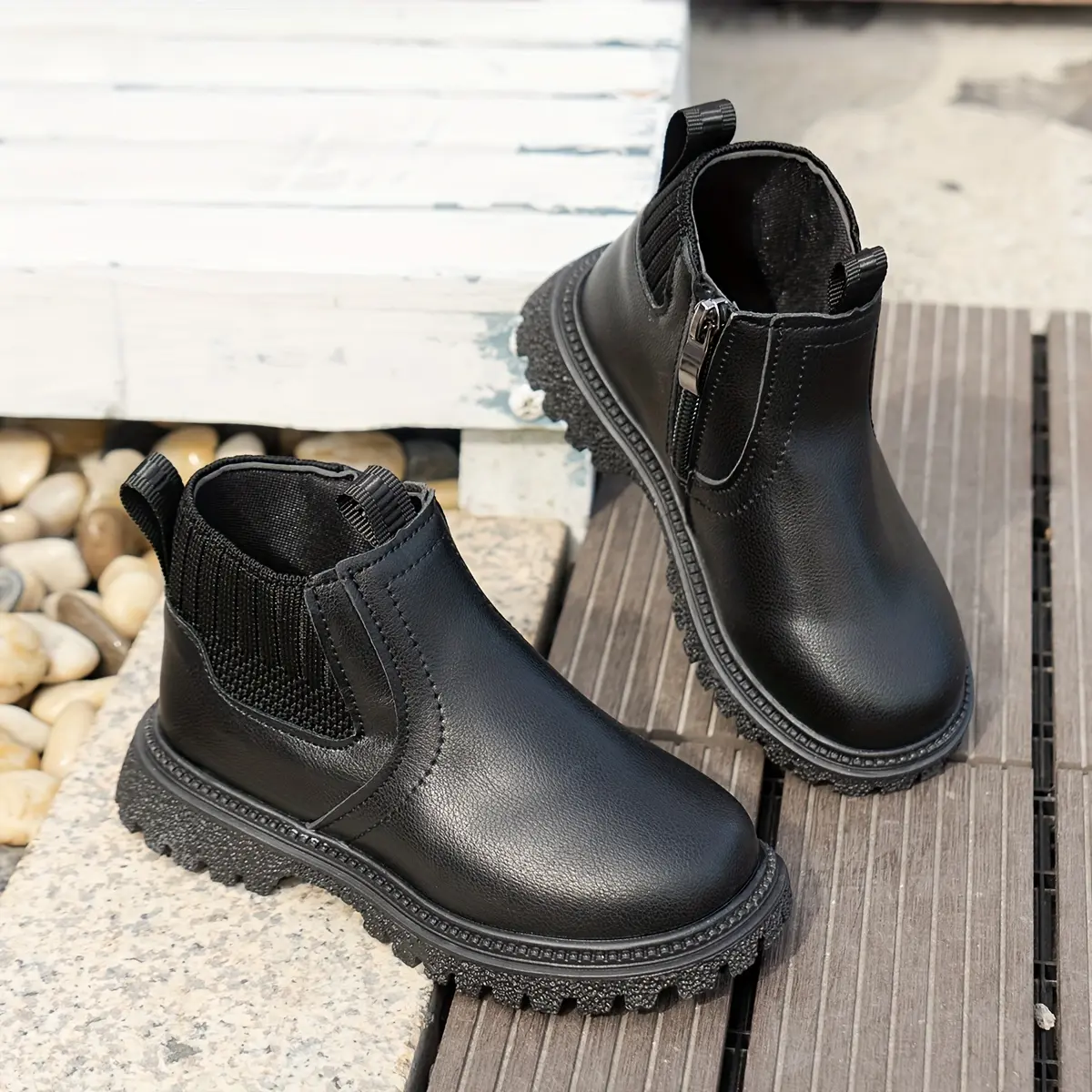 Kids' Solid-Color PU Fabric Casual Walking Boots - Lightweight, Slip-Resistant, Stylish, Rubber-Tpr Sole for Boys & Girls