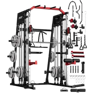 Smith Machine Home Gym All in One, 2200 LBS Squat Rack Power Cage with Smith Bar, LAT Pull-Down, Cable Systems, Leg Hold-Down and More Attachments, Workout Equipment (Red Black)