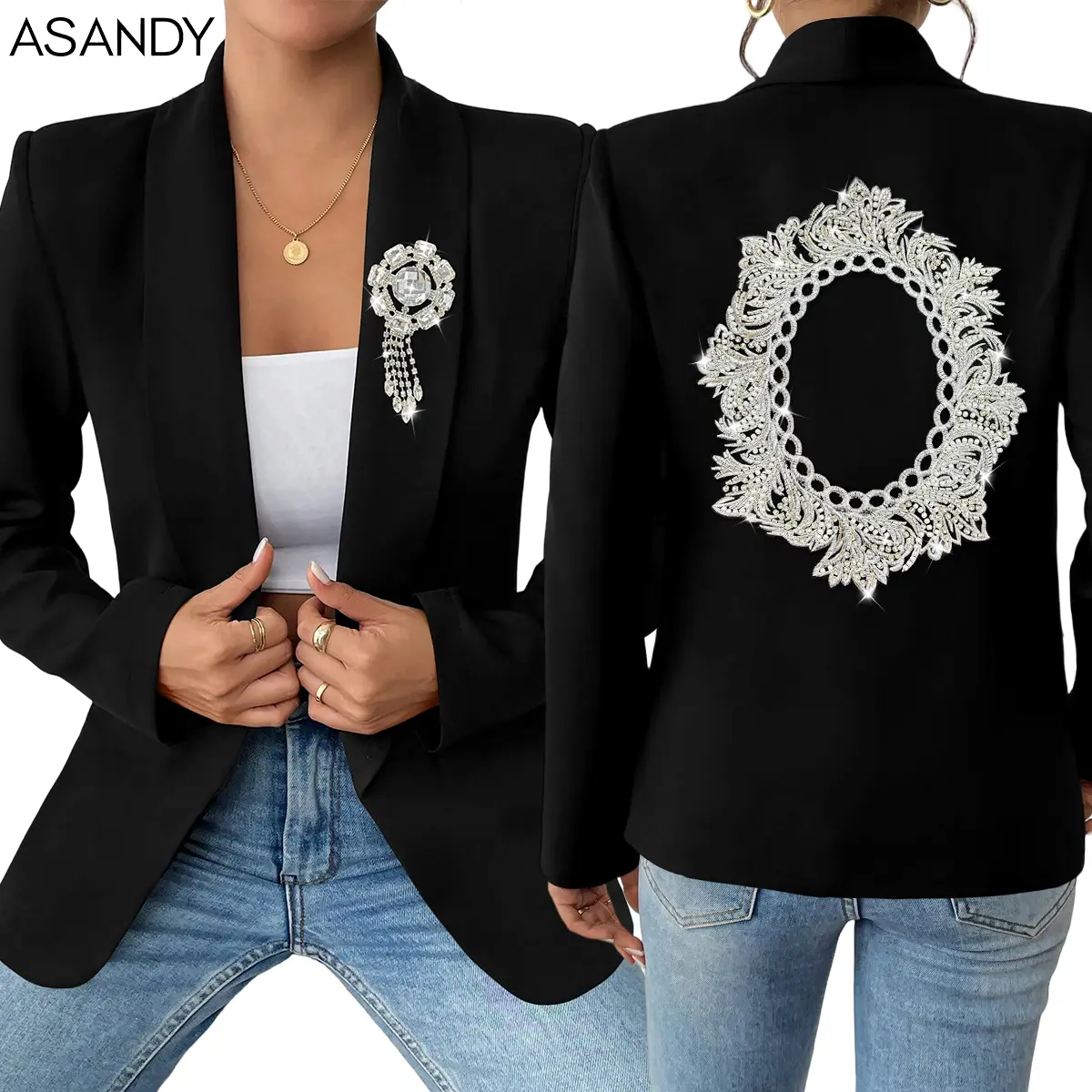 ASANDY Women's Chic Formal Trendy Sparkly Oversized Blazer - Long Sleeve Polyester Fabric, Intricate Rhinestone Frame Embroidery, Matching Brooch, Button Closure, All Seasons, Ideal for Party, Gala
