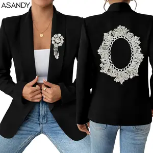 ASANDY Embellished Formal Blazer - Oversized Style with Intricate Rhinestone Frame Embroidery & Matching Brooch Sparkly Crystal Decor Perfect for Party Gala Chic Streetwear All Season Elegant Outfit-Oversize