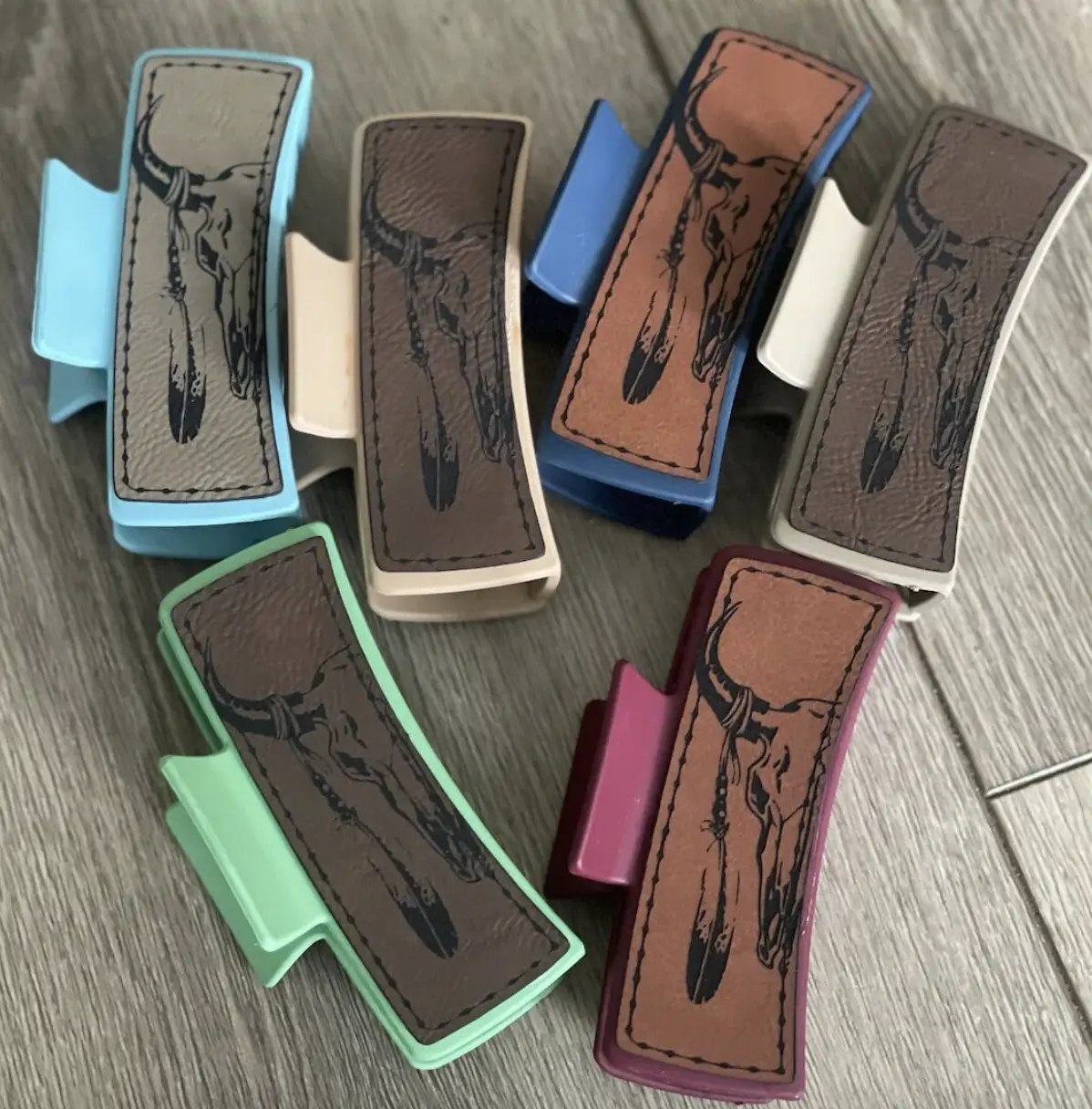Western Steer Hair Claw Clip - Stylish Leatherette Clip with Skull Engraving Available in Multiple Color Combinations Perfect for Styling