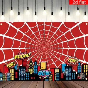 Hero Happy Birthday Party Banner 2D Flat Spider Web Comic City Landscape Photography Background Cloth Polyester for Wall Living Room Outdoor Sign Decoration Studio Portrait Booth