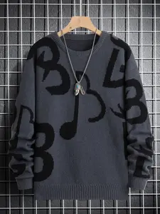 Men's Regular Fit Musical Note Print Round Neck Sweater Without Necklace, Casual Long Sleeve Crew Neck Jumper For Fall & Winter, Fashion Men's Knit Clothing For Daily Wear