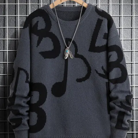 Men's Regular Fit Musical Note Print Round Neck Sweater Without Necklace, Knit Sweater Top, Casual Long Sleeve Crew Neck Jumper For Fall & Winter, Fashion Men's Knit Clothing For Daily Wear, Knitwear