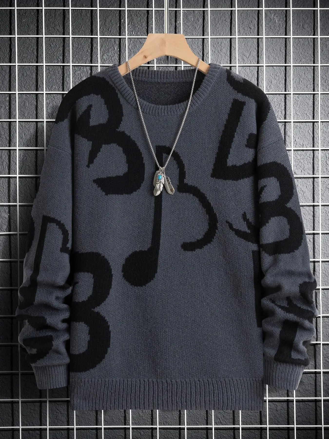 Men's Regular Fit Musical Note Print Round Neck Sweater Without Necklace, Casual Long Sleeve Crew Neck Jumper For Fall & Winter, Fashion Men's Knit Cl