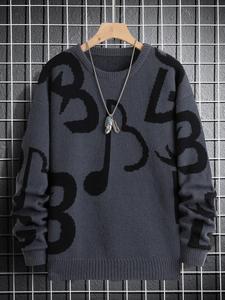 men's regular fit musical note print round neck sweater without necklace, casual long sleeve crew neck jumper for fall & winter, fashion men's knit clothing for daily wear