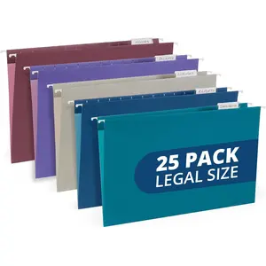 25 Colored Hanging File Folders Legal Size, 9.5" x 14.75", for Filing Cabinet with Plastic Tabs and Inserts, Assorted Jewel Tone Colors, 11pt Paper
