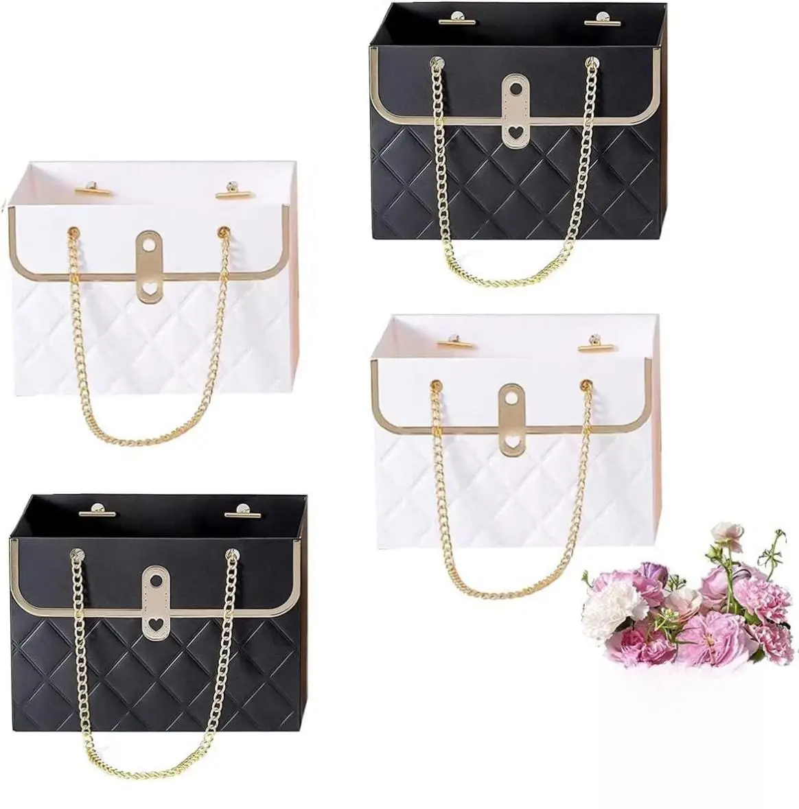 4 PCS Flower Paper Gift Bag, Bouquet Storage Bucket Florist Handbag with Metal Chain, Wedding Gift Wrap Bag Flower Boxes for Graduation Wedding Valentine's Day Mother's Day Birthday Festivals Party Bridal Shower Anniversary Thanksgiving Christmas