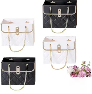 4 PCS Flower Paper Gift Bag, Bouquet Storage Bucket Florist Handbag with Metal Chain, Wedding Gift Wrap Bag Flower Boxes for Graduation Wedding Valentine's Day Mother's Day Birthday Festivals Party Bridal Shower Anniversary Thanksgiving Christmas