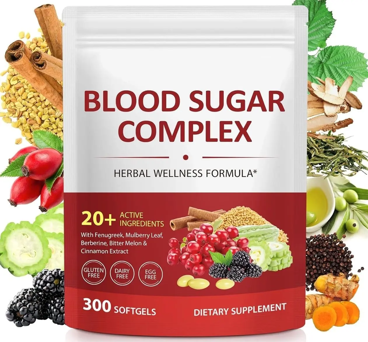 300 Softgels Blood Sugar Complex Supplement | 20+ Active Herbs-Berberine, Cinnamon, Bitter Melon, Mulberry Leaf, Fenugreek, Vitamins for Energy Level, Vitality Support | Clean Formula