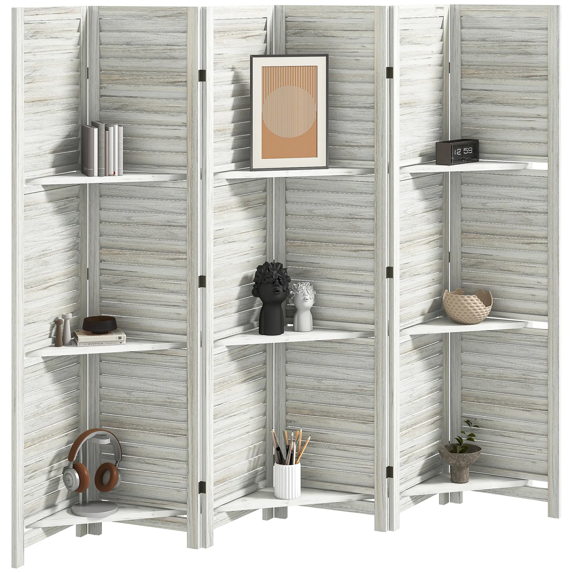 6 Panel Wood Privacy Screen – White. 67" Tall Room Divider. Louvered Slat Design + 3 Removable Shelves. Paulownia Wood + 15 Steel Hinges. 94.5" L x 67" H