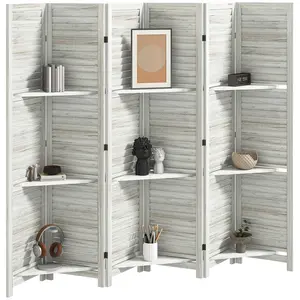 6 Panel Wood Privacy Screen – White. 67" Tall Room Divider. Louvered Slat Design + 3 Removable Shelves. Paulownia Wood + 15 Steel Hinges. 94.5" L x 67" H