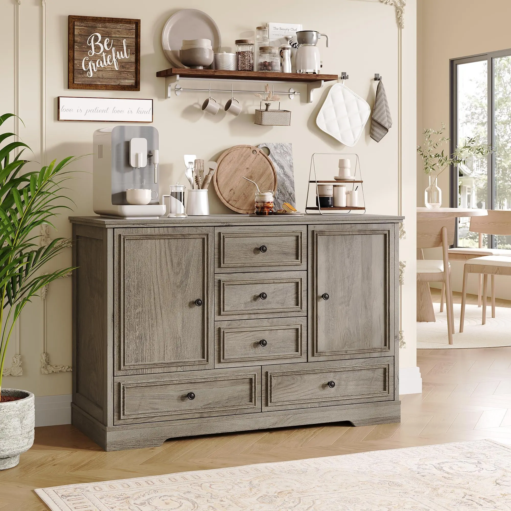 GARVEE 47" Grey Large Wood Farmhouse Sideboard Buffet Cabinet - Rectangular Storage Credenza with 5 Drawers, 2 Doors & Flat Base, Coffee Bar Table for Dining Room, Living Room