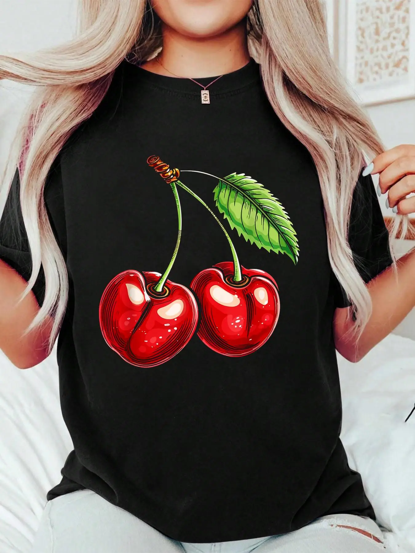 100% Cotton Cherry Red Aesthetic Cherries Trendy Summer Red Cherries Women T-Shirt