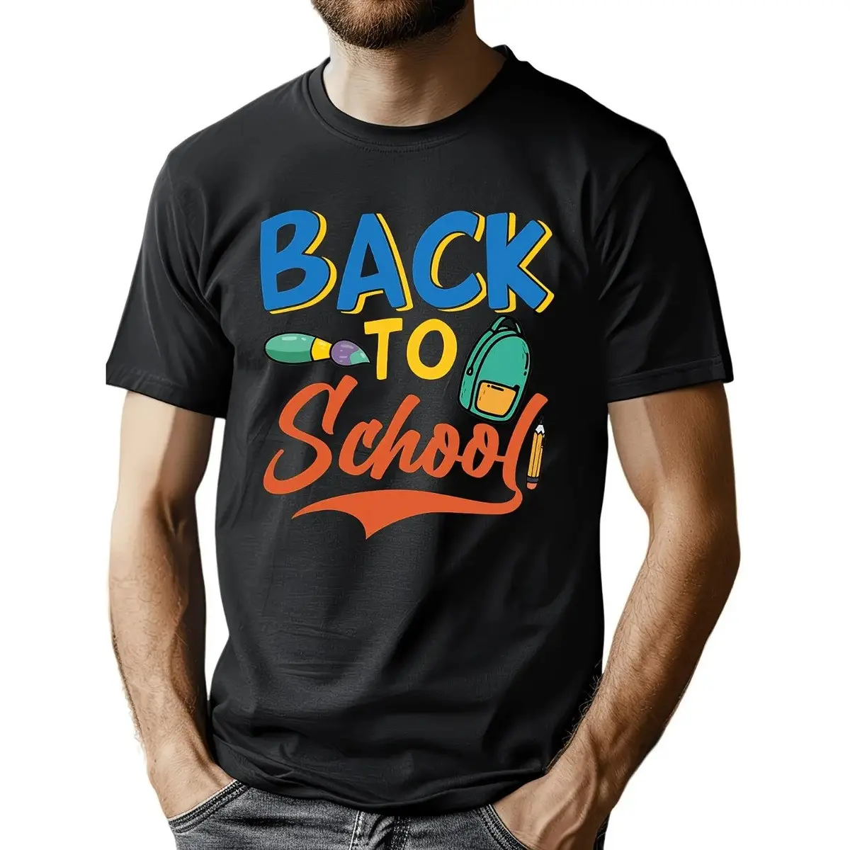 Male School Theme Short-Sleeve Graphic Print Sports Top - Back to School Black Tee with Colorful Text & Backpack Design, Soft Fabric Casual Wear, Ideal Student Gift, Ideal Gift For School