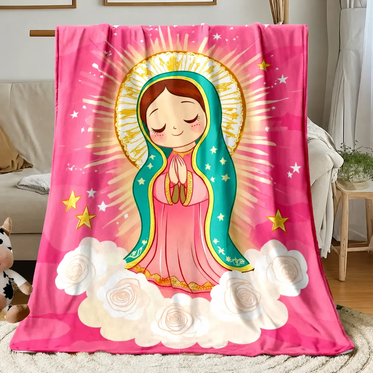 Our Lady of Guadalupe Flannel Throw Blanket, Soft Lightweight Religious Design for Bed and Sofa