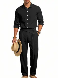 Men's Linen Button Up Shirt and Trousers Set, 2 Piece Casual Outfit with Belt, Breathable Lightweight for Daily and Business