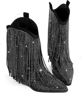Cowboy Boots for Women - Cowgirl Rhinestone Boots with Sparkly Fringe Pointed Toe Western Boot Chunky Heel Pull-On Wide Calf Botas Vaqueras
