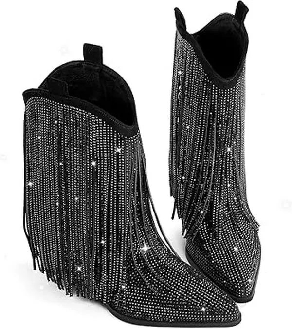 Cowboy Boots for Women - Cowgirl Rhinestone Boots with Sparkly Fringe Pointed Toe Western Boot Chunky Heel Pull-On Wide Calf Botas Vaqueras