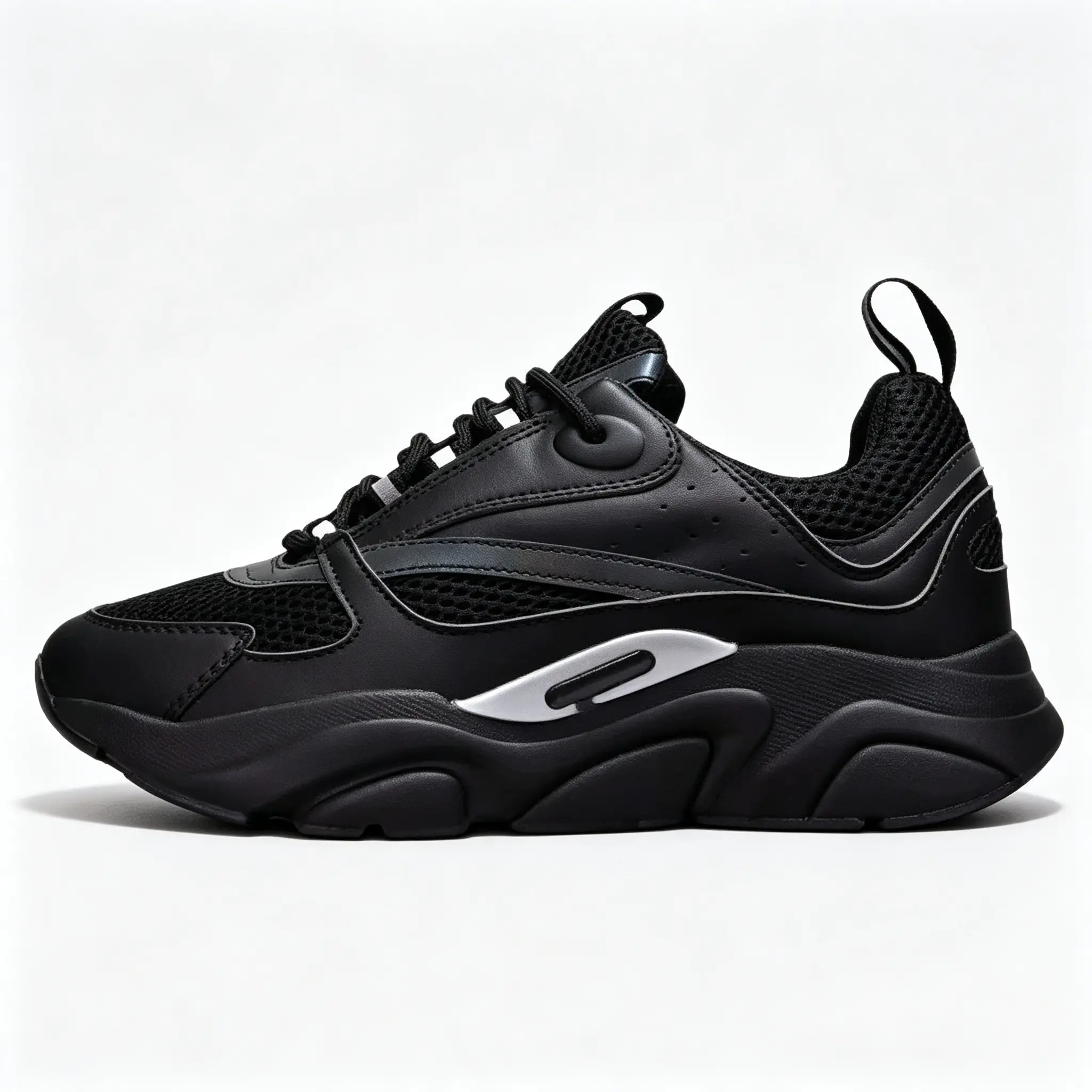 Men's All-Black Lace-Up Running Shoes - Breathable Mesh Fabric, Soft Shock-Absorbing Cushion, Chunky Non-Slip Thick-Sole Platform Trainers, Fashion Casual Footwear, Shoes for Women Alternative for Gym Training, Fitness Workout, Outdoor Use, Striped, Campu