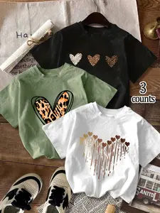 Women's Leopard Heart Print Tee, Casual Streetwear Short Sleeve T-shirt for Daily Wear, Ladies Clothes for All Seasons, Womenswear
