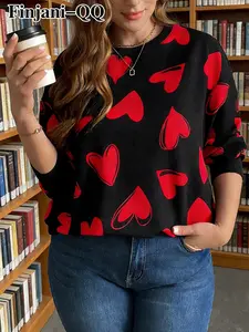 Women's Plus Size Hoodie Heart Print, Valentine's Day Romantic Style, Long Sleeve Round Neck, Casual Fall & Winter Fashion