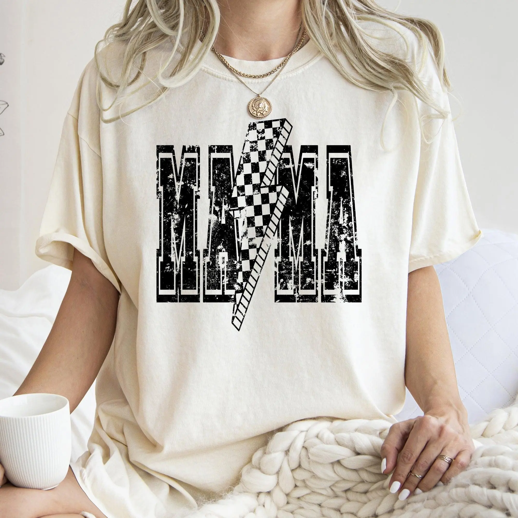 Mama, Lightening Bolt, Vintage, Checkered, Mother's Day, Motherhood, Mom, Comfort Colors Tshirt, Women's Crew Neck, Crewneck